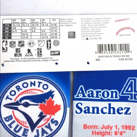 New For Bare Feet Toronto Blue Jays Aaron Sanchez MLB Player Photo Crew Socks M - Picture 10 of 10